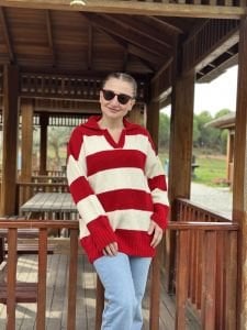 Kalın çizgi yumoş kazak kırmızı