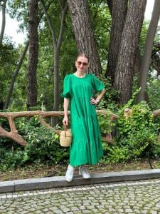 Yeşil Poplin Prenses Elbise 077