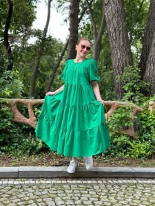 Yeşil Poplin Prenses Elbise 077