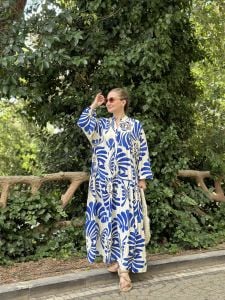 Mavi-beyaz Hawai Katleya Elbise