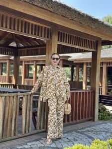 Taba-krem keten pantolon takım