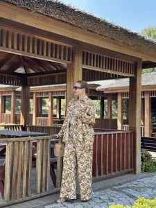 Taba-krem keten pantolon takım