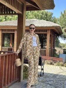 Taba-krem keten pantolon takım