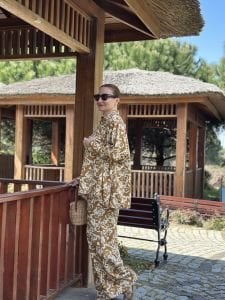 Taba-krem keten pantolon takım