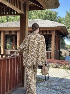 Taba-krem keten pantolon takım