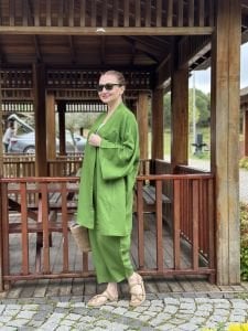 Yeşil kimono keten pantolon takım