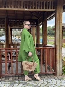 Yeşil kimono keten pantolon takım