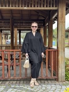 Siyah kimono keten pantolon takım