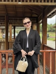 Siyah kimono keten pantolon takım