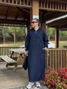 Yarım Fermuarlı tensel kot elbise lacivert