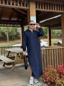 Yarım Fermuarlı tensel kot elbise lacivert