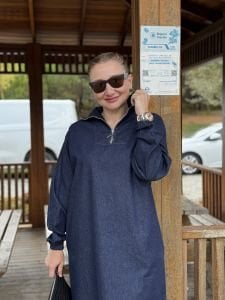 Yarım Fermuarlı tensel kot elbise lacivert