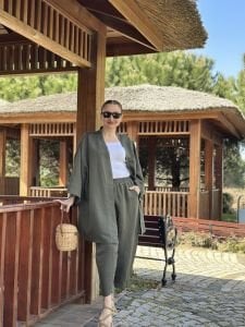 Haki kimono keten pantolon takım