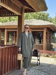 Haki kimono keten pantolon takım