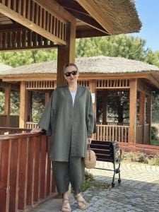 Haki kimono keten pantolon takım