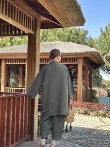 Haki kimono keten pantolon takım