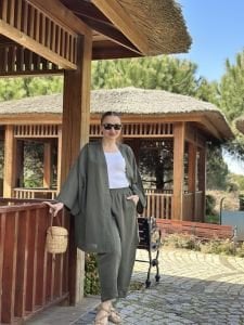 Haki kimono keten pantolon takım