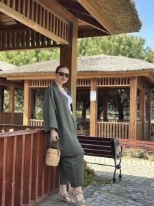 Haki kimono keten pantolon takım