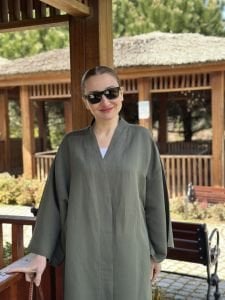 Haki kimono keten pantolon takım