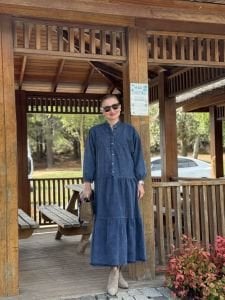 Koyu Mavi yıkama kot katleya elbise