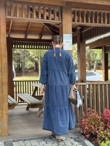 Koyu Mavi yıkama kot katleya elbise