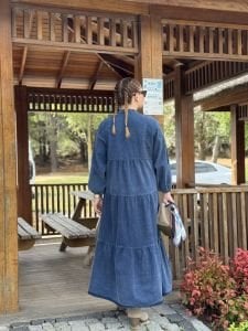 Koyu Mavi yıkama kot katleya elbise