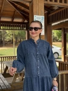 Koyu Mavi yıkama kot katleya elbise