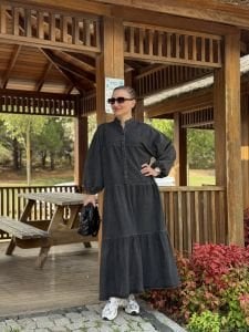 Antrasit yıkama kot katleya elbise