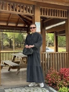 Antrasit yıkama kot katleya elbise