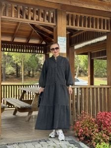 Antrasit yıkama kot katleya elbise