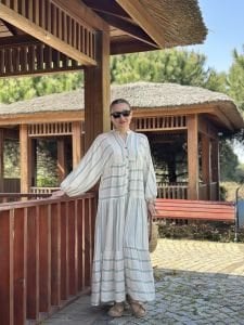 Mint Çizgi detaylı keten katleya elbise