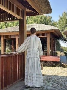 Mint Çizgi detaylı keten katleya elbise