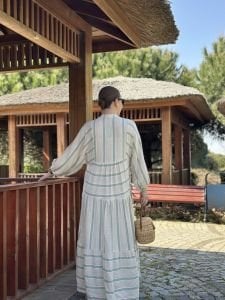 Mint Çizgi detaylı keten katleya elbise