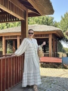 Mint Çizgi detaylı keten katleya elbise