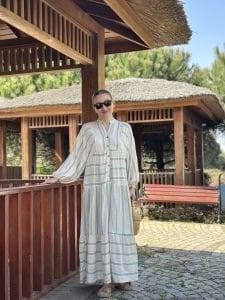 Mint Çizgi detaylı keten katleya elbise