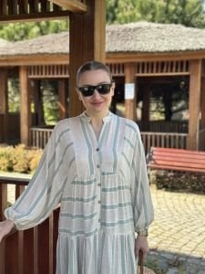 Mint Çizgi detaylı keten katleya elbise