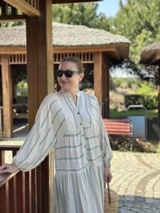 Mint Çizgi detaylı keten katleya elbise