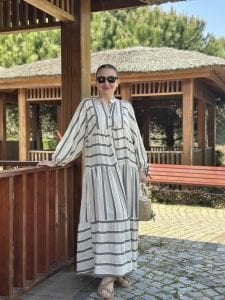 Siyah Çizgi detaylı keten katleya elbise