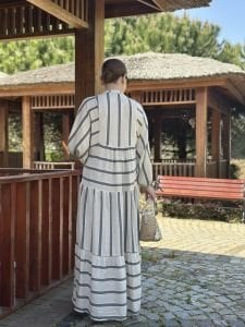 Siyah Çizgi detaylı keten katleya elbise