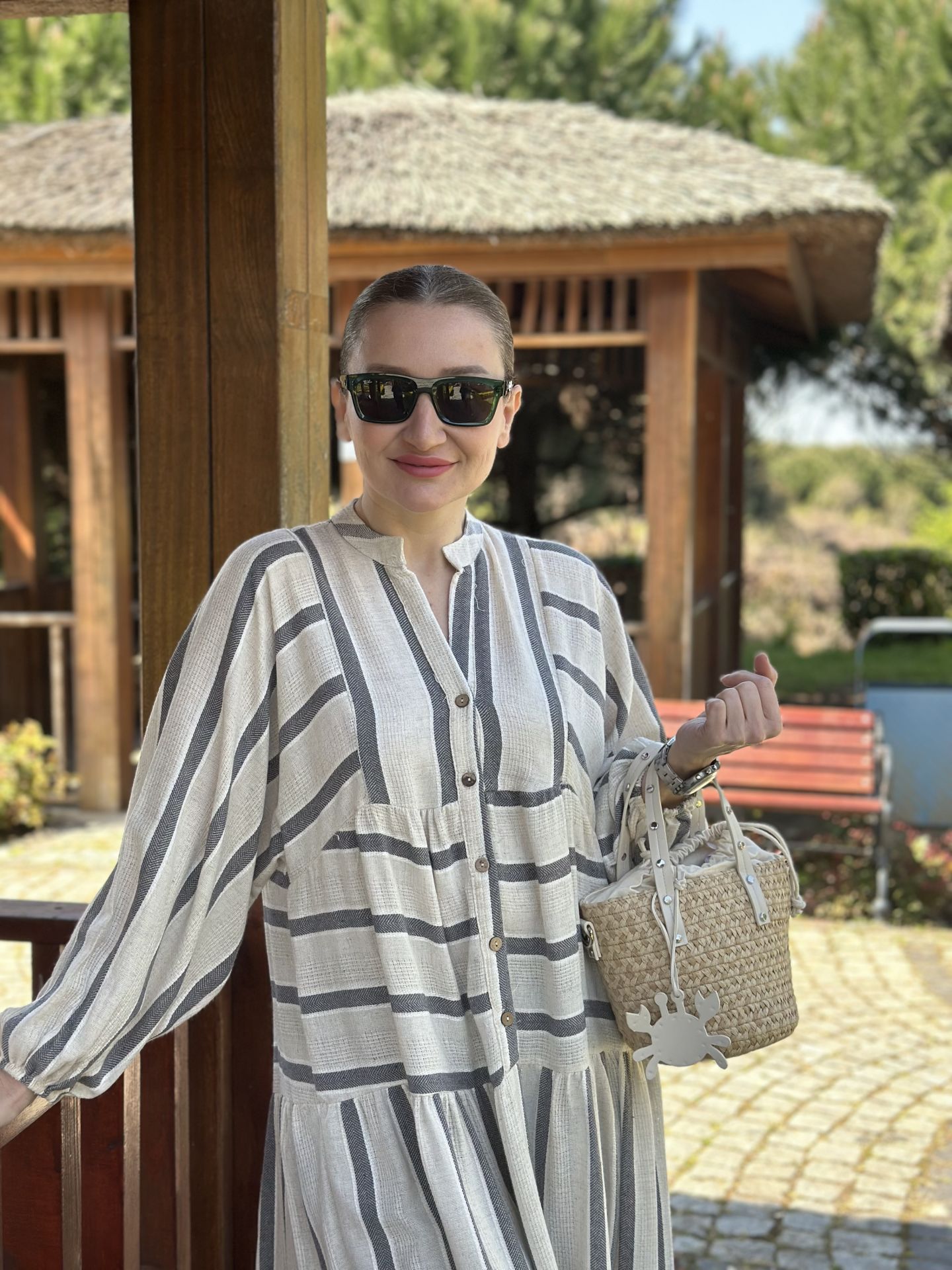 Siyah Çizgi detaylı keten katleya elbise