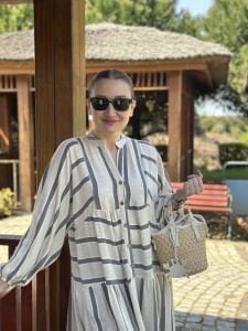 Siyah Çizgi detaylı keten katleya elbise