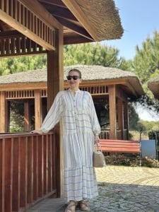 Mavi Çizgi detaylı keten katleya elbise