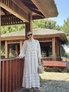 Mavi Çizgi detaylı keten katleya elbise