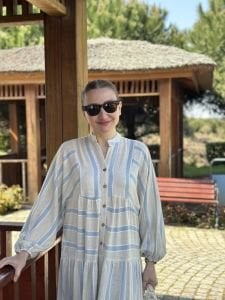 Mavi Çizgi detaylı keten katleya elbise