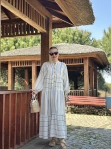 Mavi Çizgi detaylı keten katleya elbise