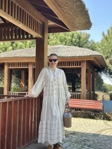 Vizon Çizgi detaylı keten katleya elbise