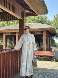 Vizon Çizgi detaylı keten katleya elbise