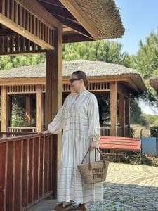Vizon Çizgi detaylı keten katleya elbise