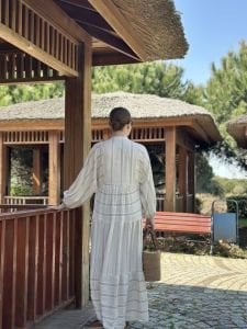 Vizon Çizgi detaylı keten katleya elbise