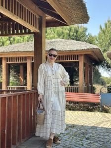 Vizon Çizgi detaylı keten katleya elbise